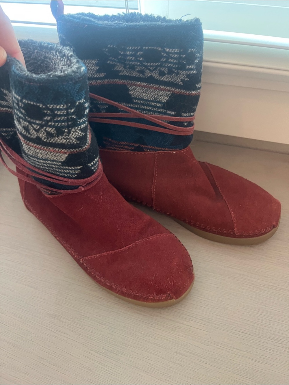 Women's Red Suede Knit-Top Ankle Boots